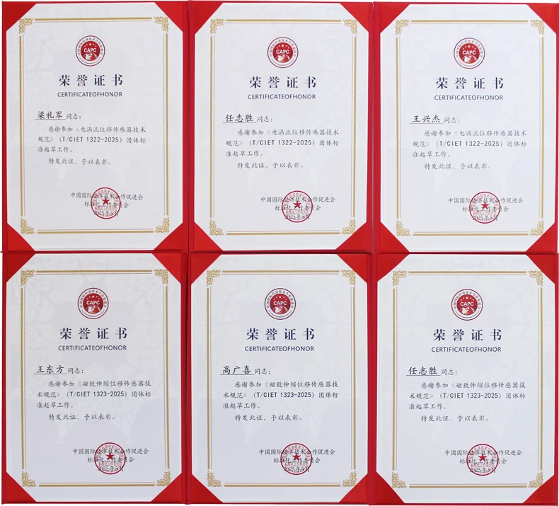 磁致伸缩位移传感器标准起草荣誉证书