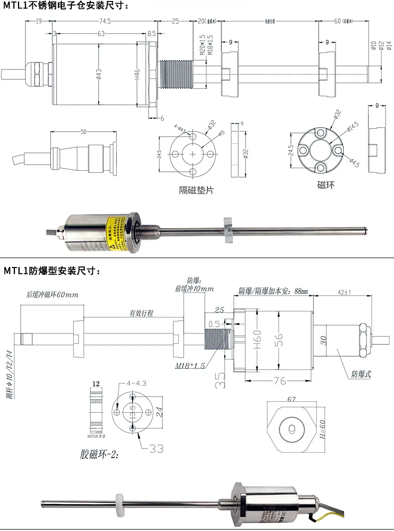 五、闸门开度内置高压式（磁致伸缩）位移传感器安装尺寸图