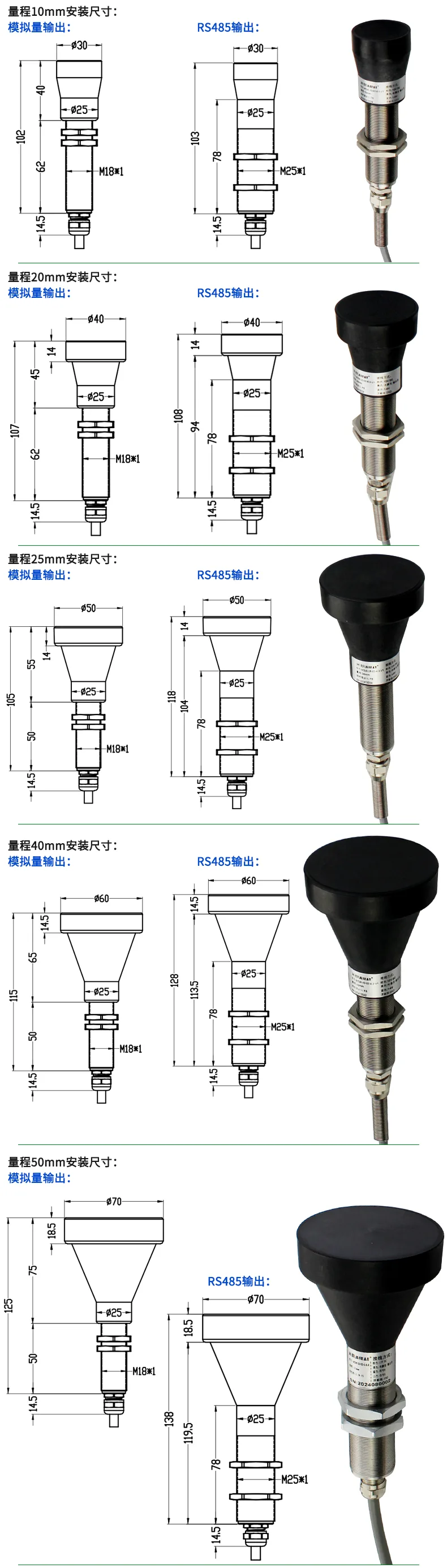 四、ML33YD一体式电涡流位移传感器安装尺寸