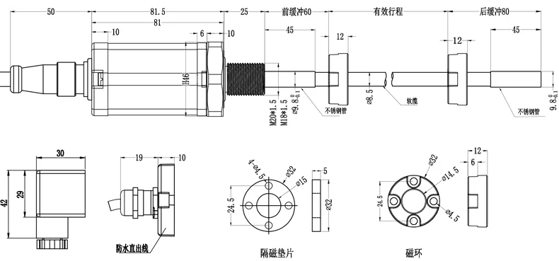 四、闸门开度不锈钢软缆式（磁致伸缩）位移传感器安装尺寸图