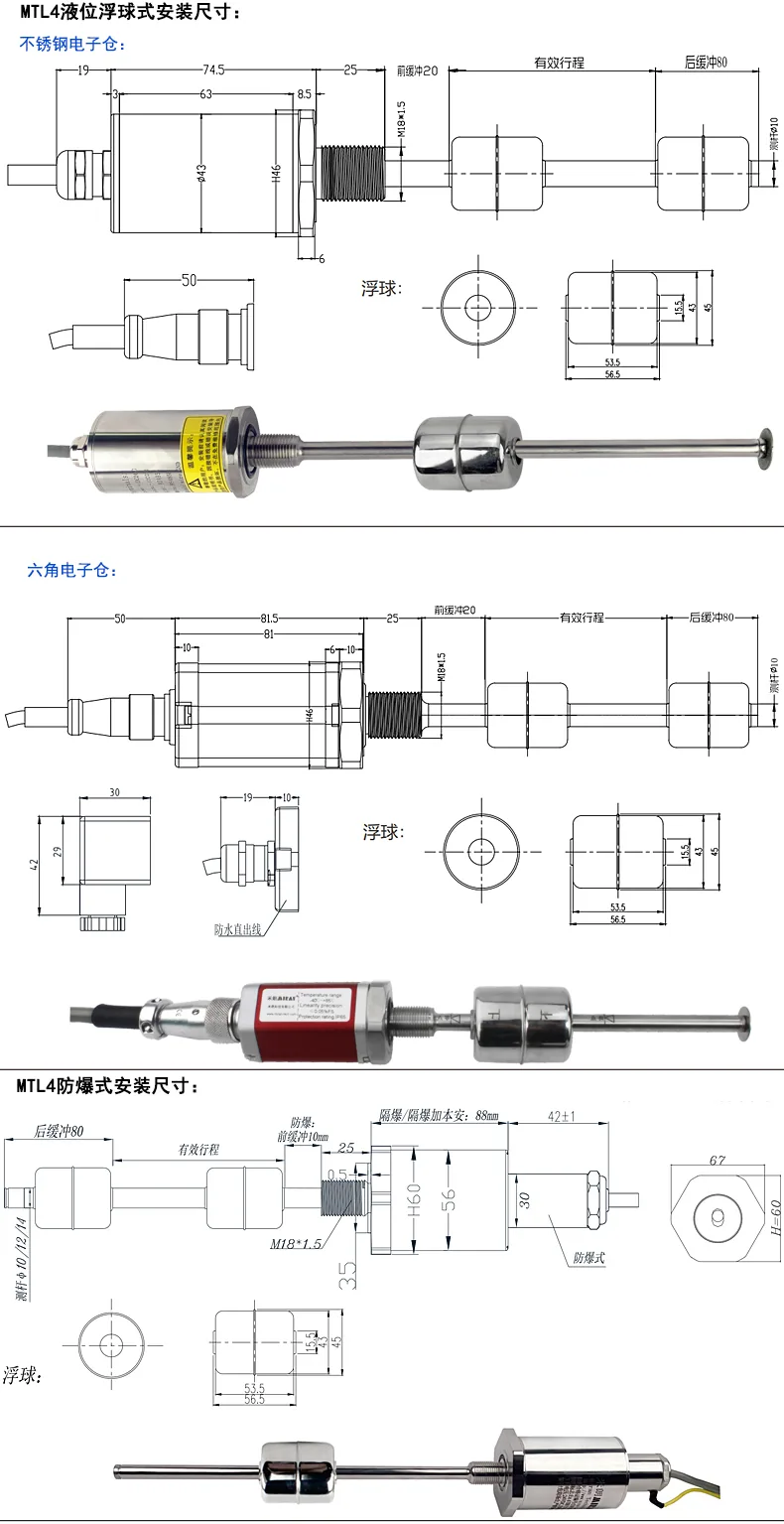 五、MTL4系列磁致伸缩式液位计安装尺寸