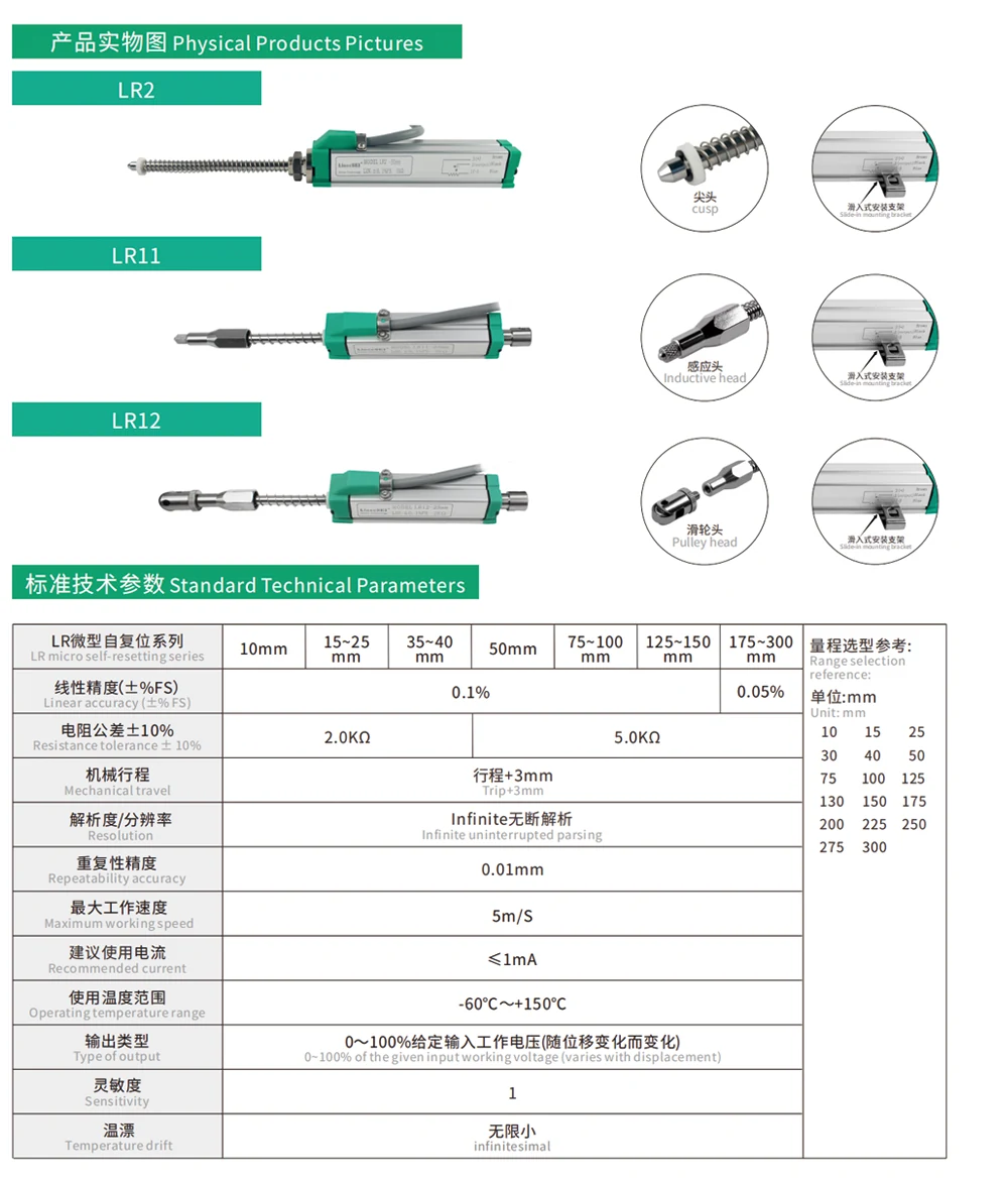 二、LR微型自恢复系列位移传感器参数说明